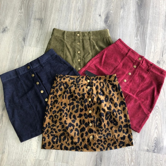 Dresses & Skirts - Leopard Print Corduroy Button Down Mini Skirt